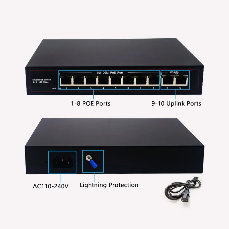 Factory Non-standard 8+2 Port 96W 24V 12V 10/100Mbps 8 Port 100Mbps POE Switch with 2 Uplink factory