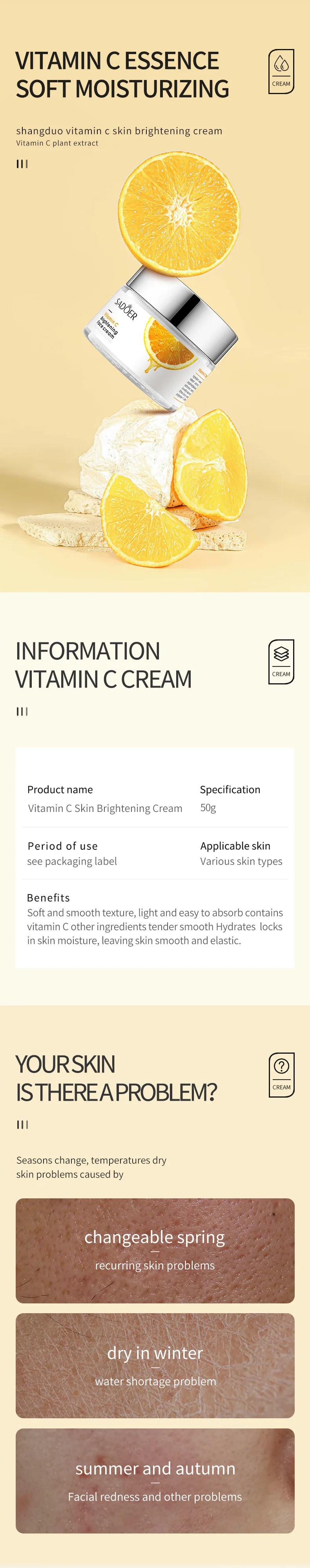 SADOER Face Cream Vitamin C Cream Remove Dark Spots Whitening Face Care Moisturizing Anti-Aging Firming Skin Care Cosmetics