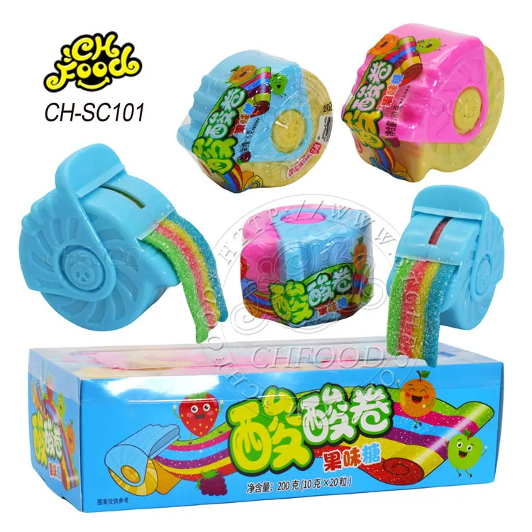 Custom Halal Sugar-coated Colorful Fruity Sour Roll Belt Gummy Jelly Candy Sweets Soft Chewy Candy Toys Snack