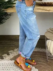 2026 EU/US Cross-border New Arrival Blue Distressed Denim Jeans Women Regular Fit Washed Look Wide Leg Vintage Hole Casual Style