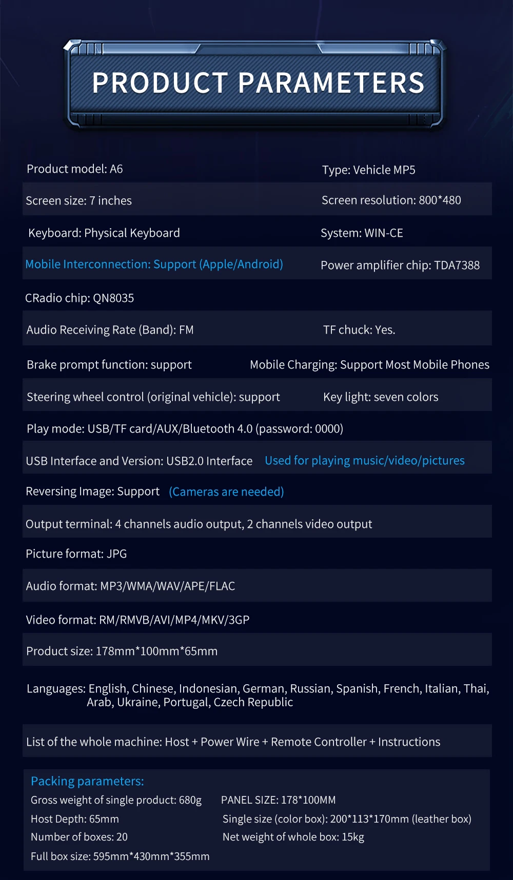 Bestree auto electronics USB charging 7 inch double din car stereo mp5 player auto stereo audio radio music player