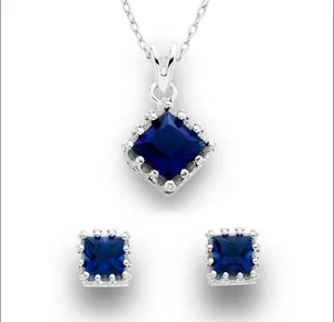 Wedding Jewelry Sets for Women , Sapphire Cz Necklace Earring Set, Sterling Silver Jewelry Set