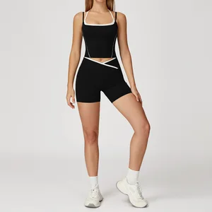 Custom logo 2 Piece Workout Suit Yoga Set - Cross Back Sports Bra High Waist Leggings Fold Over Gym Running Fitness Outfit