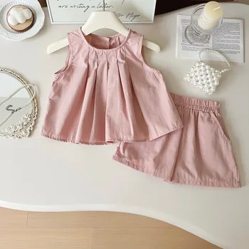 2025 Summer New Korean Girls Two-Piece Set Sleeveless Shorts Western Style Refreshing Suit Kid's Sweet Baby Suit