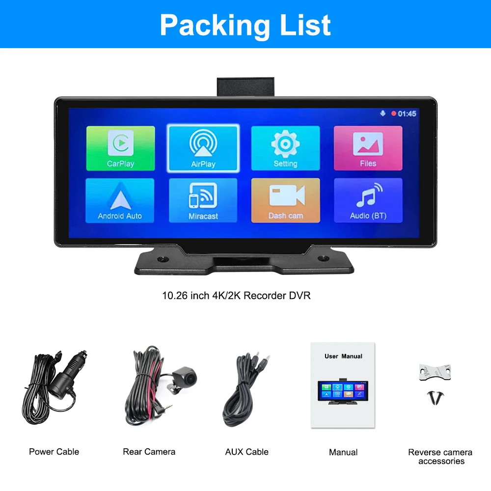 Carplay 4K 1080P Reverse 10.26 Inch Dash Camera Portable Touch Screen