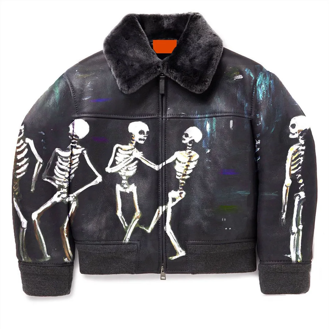 Fabryczna, niestandardowa kurtka typu bomber z futerką, krótka, luźna, w stylu vintage, do strojów ulicznych dla mężczyzn, z ręcznie malowanym nadrukiem graffiti, OEM, duża partia, niestandardowa