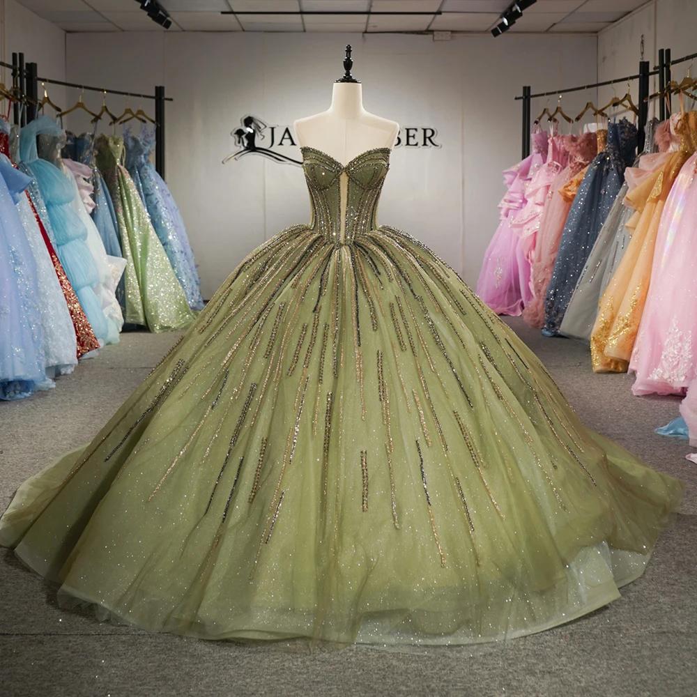 Dy6960 Sparkly Olive Green Wedding Dress Luxury Beaded Ball Gown Corset Bridal Dress With Glitter Tulle Jancember