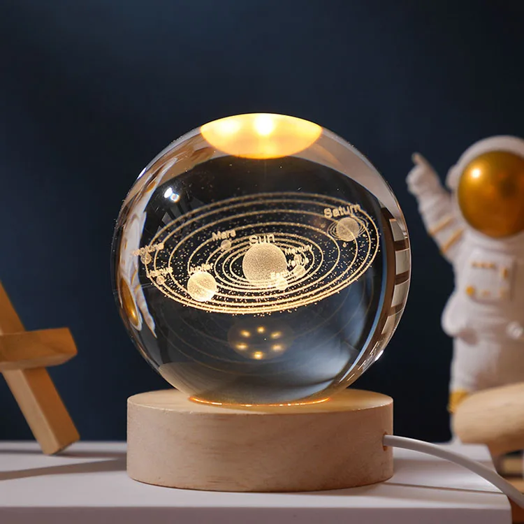 Wholesale Gifts Wooden Led Light Wooden Base Stand Galaxy 3d Solar System Custom Crystal Ball manufacture