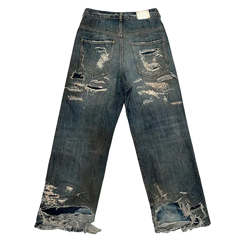 For Jeans Hip Hop 14 Oz Stonewashed Ragged Cotton Wide Leg Ripped Vintage Denim Pant Baggy Boyfriend Men's High Quick Dry gallery 3