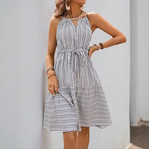 2024 Summer New Vintage Halter Neck Anti-Static Women's A-Line Strap Striped Dress