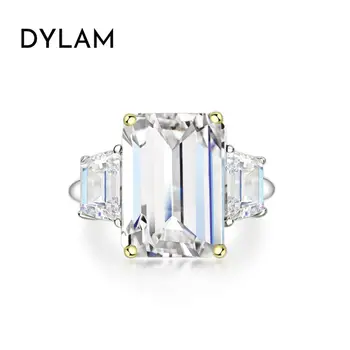 Dylam Rhodium Plated Sterling Silver Emerald Cut Cubic Zirconia CZ 3 Stone Anniversary Wedding Engagement Ring