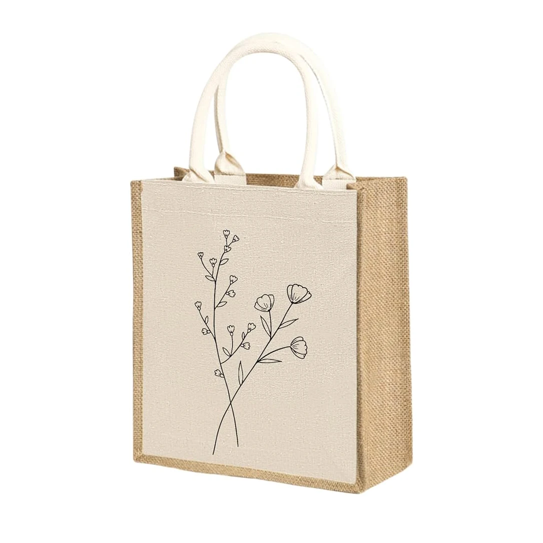 New Holiday Teacher Thank You Gift Canvas Tote Zipper Simple Flower White  Jute Conference Bag for Ladies