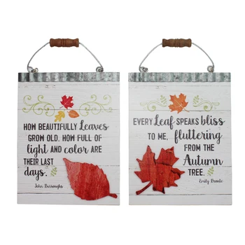 Wholesales Wood Autumn Leaf Quote Plaques with Wire and wood turned hanger