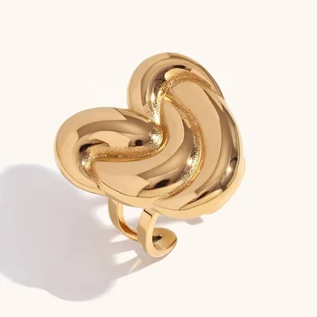 Dingran New Design Unique 18K Gold Plated Large Twisted Heart Stainless Steel Open Rings For Women