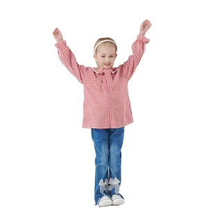 New Spring Girls Fashion Korean-Clothes Red White Plaid Lace Long Sleeve Shirt Bell Bottoms Jeans 2 Piece Girls Clothing Sets