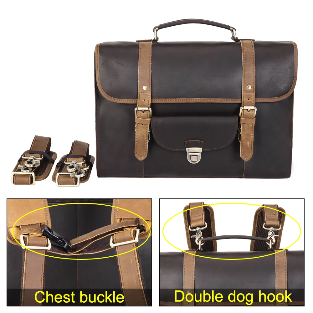 TIDING Supplier Custom Full Grain Cowhide Leather Crazy Horse Cowhide Men Genuine Cow Leather Convertible Laptop Backpack