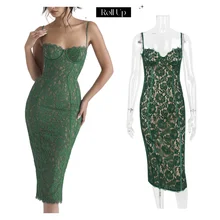 Custom Hot Sale Fashion Women Elegant Formal Bodycon Midi Dress for Ladies Sexy Green Lace Corset Midi Dress