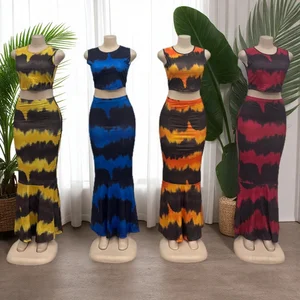 Summer Women's Latest Gradient Color Contrast Round Neck Sleeveless Top Casual Fashion Overskirt Suit