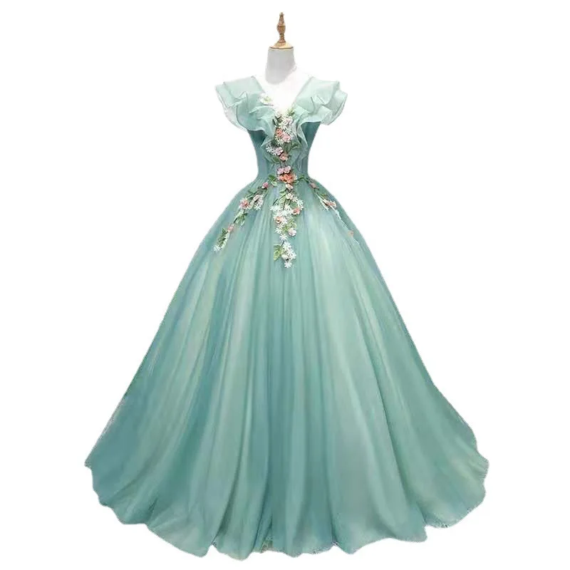 Green Evening Prom Dresses Elegant V-neck Party Ball Gown Sleeveless Sweet  Floral Print| Alibaba.com