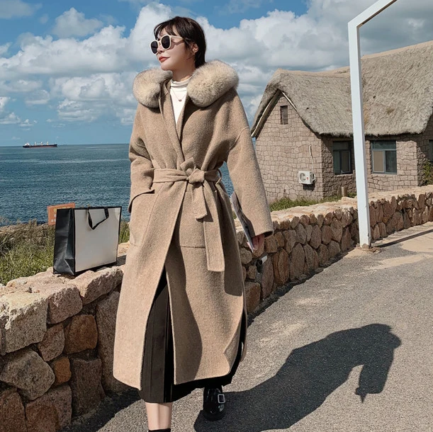 Jtfur Winter Warm Oversized Real Fur Hooded Wool Coat