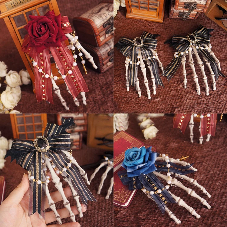 Vintage Gothic Lolita Hairpin Handmade Headdress Skeleton Hand Lace Bowknot  Pearl Chain Rose Bronzing Printing Brooch - Buy Vintage Gothic Lolita 