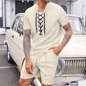 2025 Summer New Casual and Fashionable Drawstring Round Neck T-shirt Short Sleeved Shorts Set