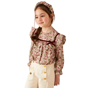 Private Label Long Sleeve Top for Girls Spring Autumn Floral Print Girls Blouse With Ruffle Design Made From Cotton for Kids