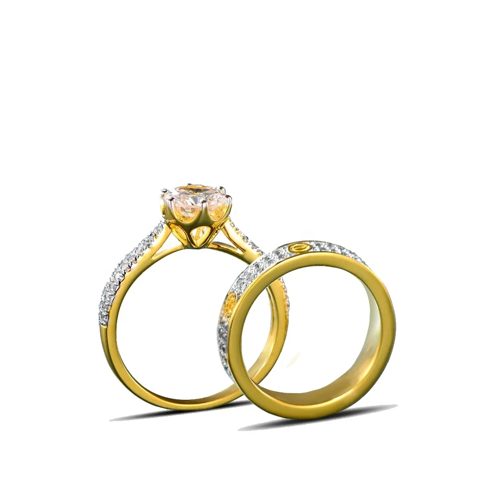 Lover Gift Jewelry Brass Gold Plated Couples Marriage Ring Engagement Fashion Ring 2Pcs Set