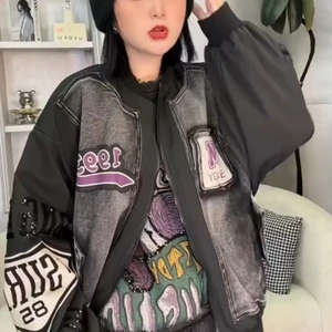 Women Loose Fit Denim Baseball Jacket Stylish Embroidery Outwear Embroidery HighStreet Customization Service