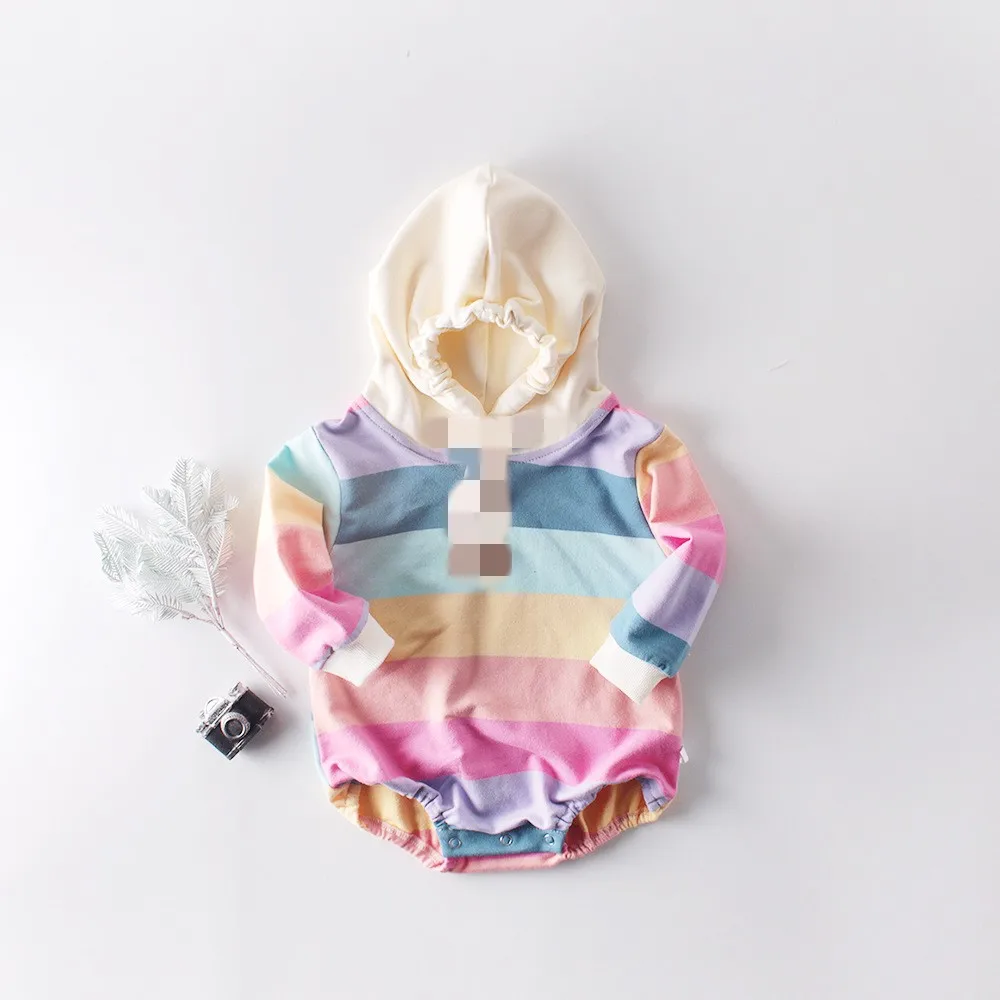 Fall baby rainbow long-sleeved unisex baby clothes hooded jumpsuit climb clothes baby han edition dress
