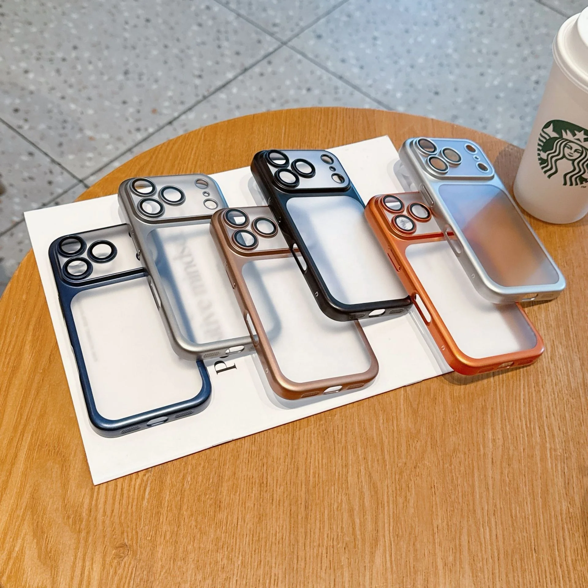 Luxury Frosted Transparent Matte Case for iPhone 17 16 15 14 Pro Max Full  Lens Protection Metallic Color Frame Armor Back Cover