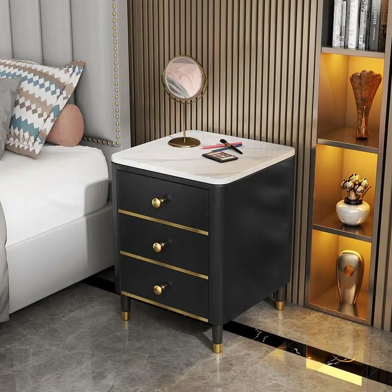 Factory Price  Modern Simple  Bedside Table Cabinet Black Corner Nightstand Side Bedroom Table with Three Drawers