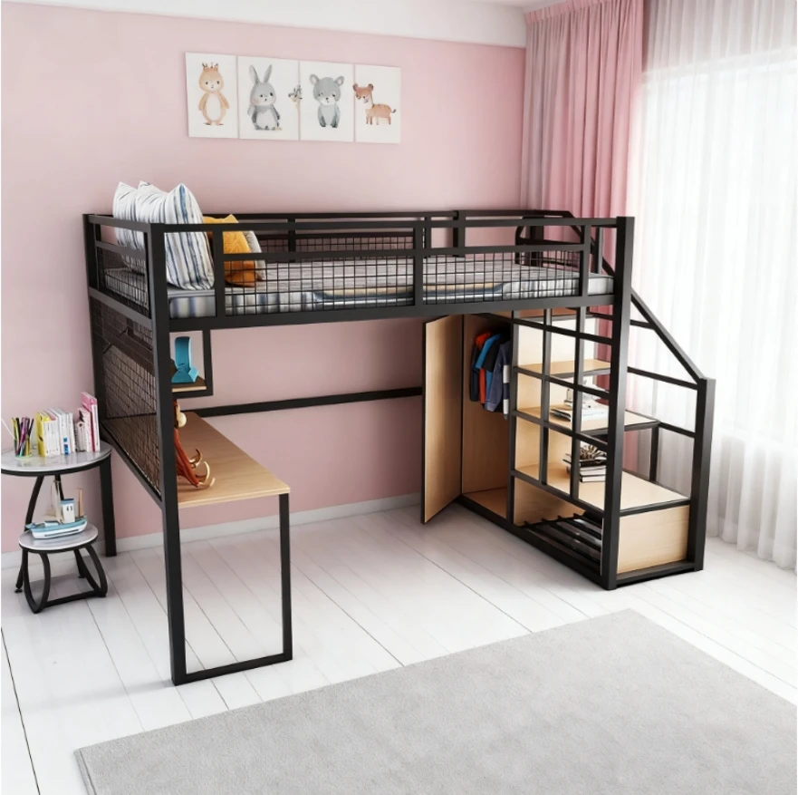 Heavy Duty Steel Metal Loft Bed with Wood Stairs Design for Single Bed Queen Mattresses Suitable for Adults