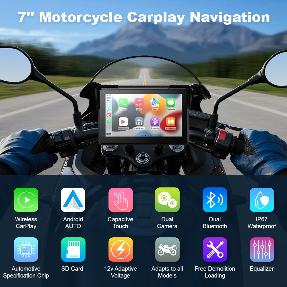 7inch Touch Screen GPS Navigator Motorcycle Wireless CarPlay