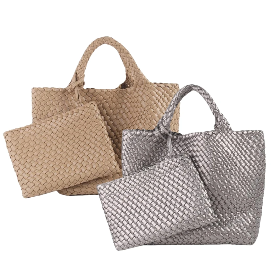 New Arrival Women's Tote Bags Ready to Ship Handmade Woven Handbag PU  Leather Tote Bags With Small Woven Purse PU Weave Bag