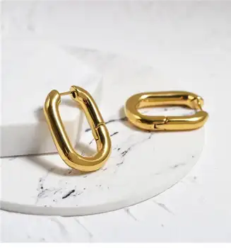 Modern Simple Gold Thick Oval Hoop Earring U Shaped Huggie Hoops Minimal Earrings Large Gold Flat Hoop U Earring