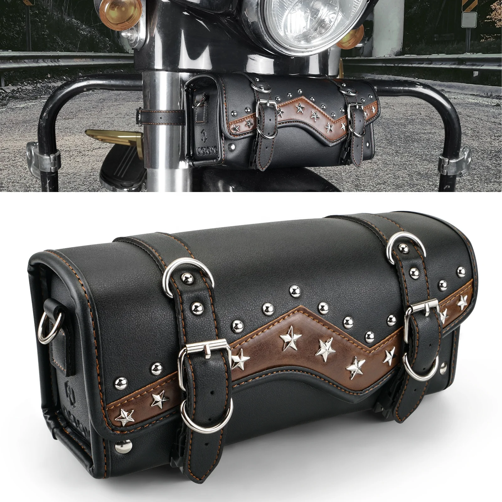 NiceCNC Vintage Punk Gabeltasche PU-Leder Klassische Rindsleder-Linien  Nieten Rock-Stil Motorrad-Lenkertasche fr Harley Tenere 700