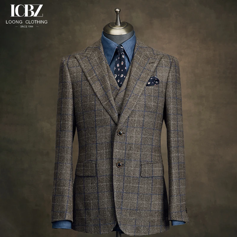 Vintage Men Suits 3 Pieces Brown Plaid Wool Suit Men's Single Breasted Groom Wedding Dress Formal Men's British Business Suit
