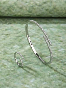 Anniversary Party Jewelry Set Designer Pattern Rhodium Plated Crystal Bracelet & Ring Suite