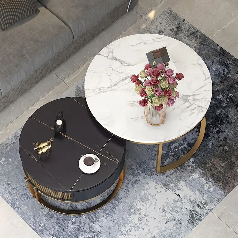 Unique Design Modern Nordic Simple Style Double Round Marble Coffee Table with Golden Metal Bracket for Living Room