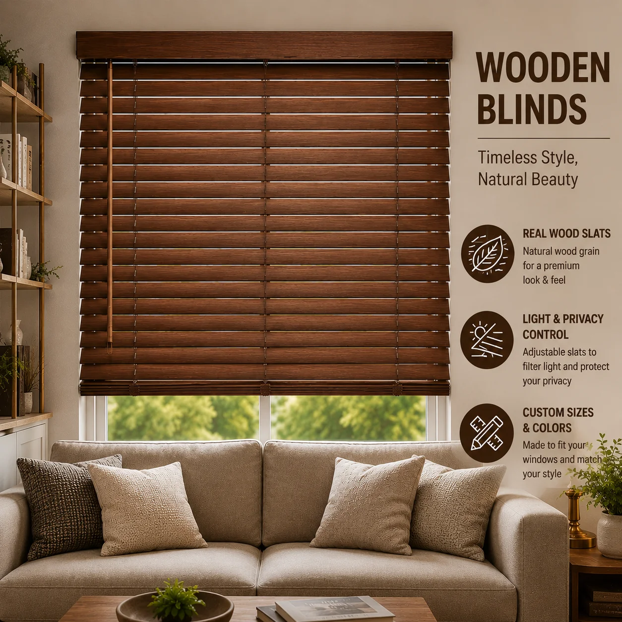 Decorative Real Wood Window Blinds with Lift Cord and Tilt Wand Adjustable Light Control