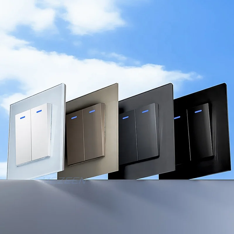 Two Gang One Way Three Way Light Switch With LED Indicator Luxury Design EU Glass Panel 250V 10A Wall Socket