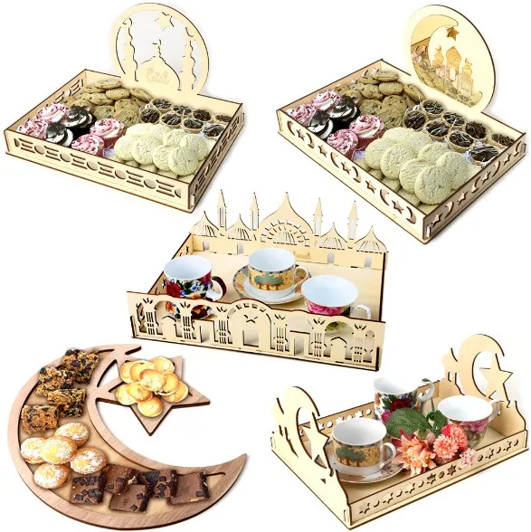 B pâtisseries dessert présentoir décoration dîner pour vaisselle Plateau carré en bois de Ramadan Decoration Ramadan 2022,Eid Mubarak Plateau en bois petit-déjeuner 