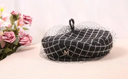 Шляпка с вуалью женская винтажный берет в стиле ретро французский японский Европейский черный белый