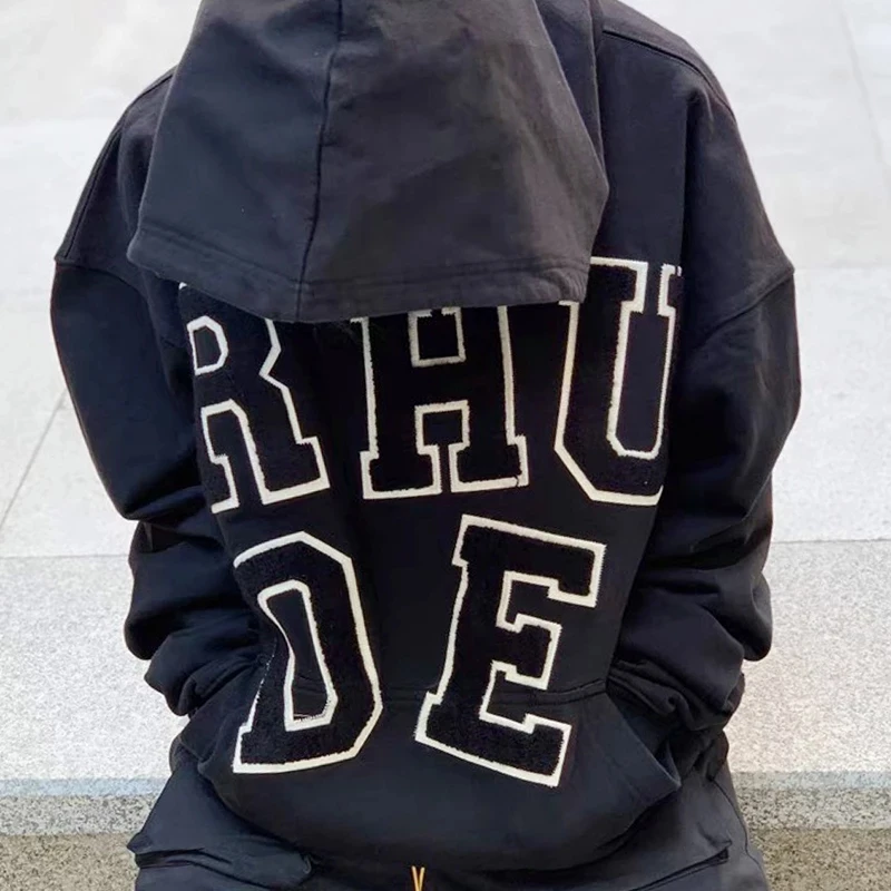 Rhude Chenille Patch Hoodie Letter Flocking Embroidered High Street ...