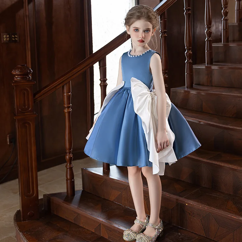 blue dress with white bow A-line Ivory Satin Knee Length Flower Girl Dress, Navy Blue Belt / Bow 8T --- Chest = 27 inches/ Waist = 26 inches/ Hollow to Knee = 27.5 inches