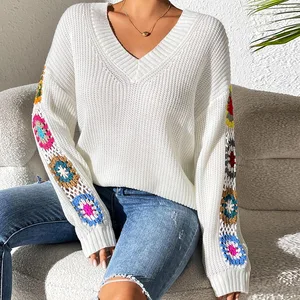 Wholesale Women's Clothing Multicolor Hand-knitted Flower V-neck Pullover Loose Leisure Women's Top Women's Sweater