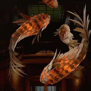 JACKSUN Indoor LED Large Chandelier Unique Fish Lighting Design for Hotel Lobby Staircase Wooden Project Middle for Indoor