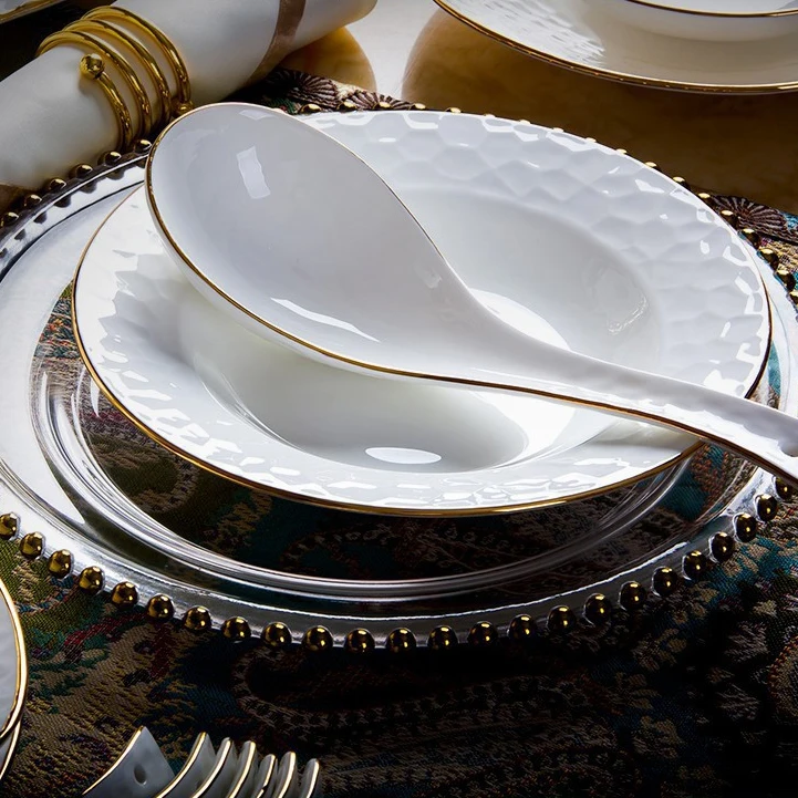 Tivray Luxury Food Grade Bone China Embossed Tableware Plates Set