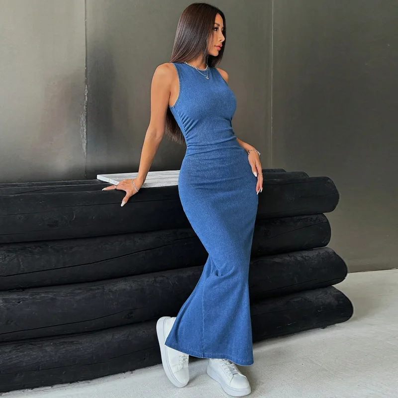 princess polly baby blue dress Wholesaler Online Long Denim Dress 2025 Bodycon Denim Long Dress Blue Jeans  Long Dress